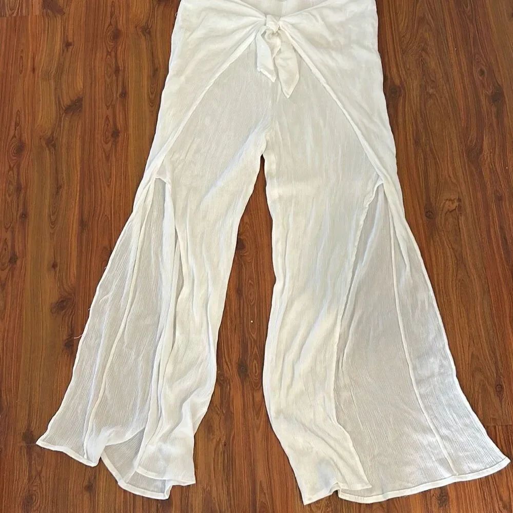 NWT kona Sol white gauze semi sheer swimwear cover-up pants wrap slit on side XL
